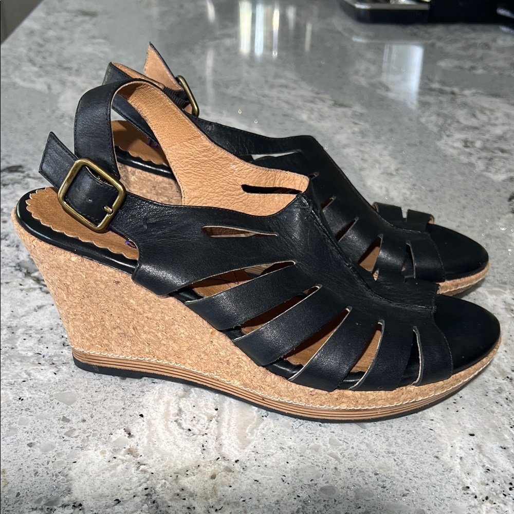 Clarks Indigo Black Leather Slingback Wedge Sandals Size 10 Like New